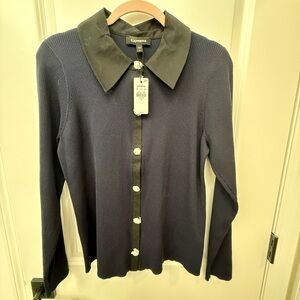 Express Navy Ribbed Cardigan with Black Collar and Rhinestone Buttons - NWT